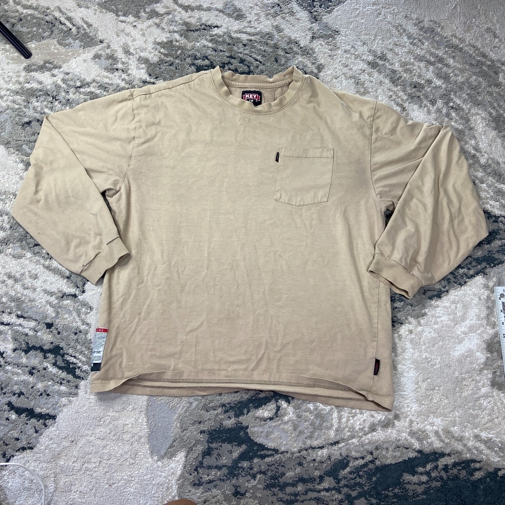 Key Workwear‎ Shirt Mens XL Beige Cotton Crew Neck Long Sleeve Flame Resistant